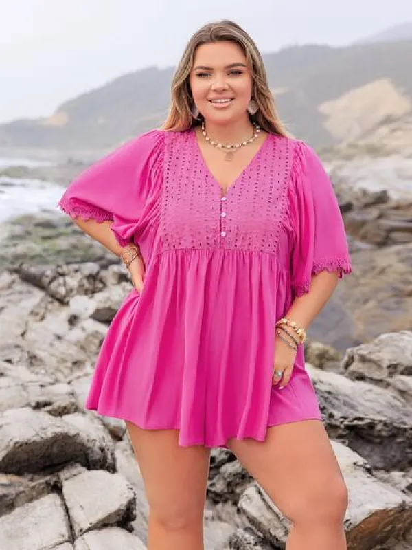 Plus Size Lace Detail V-Neck Half Sleeve Romper sold by Charming Charlie