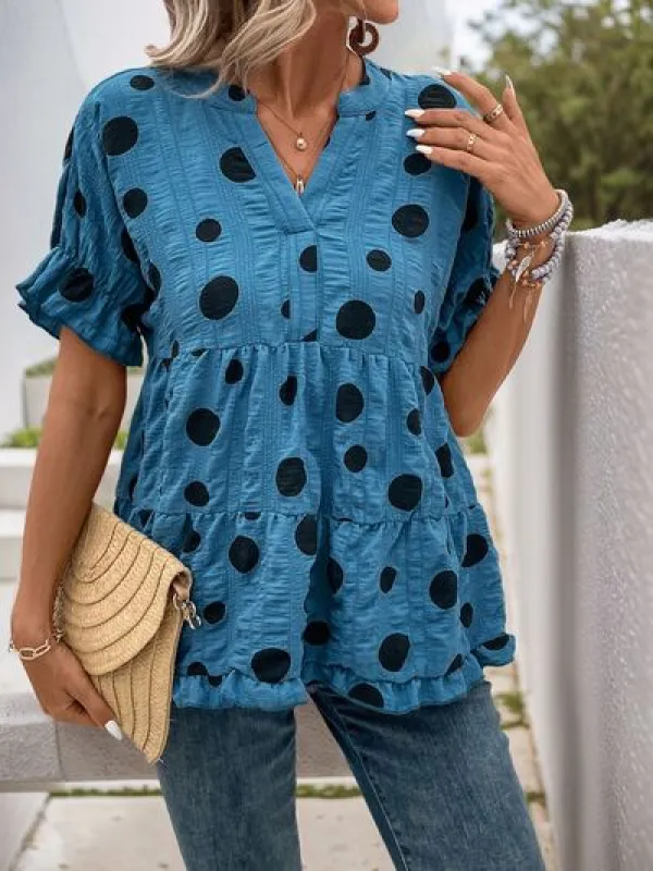 Perfee Polka Dot Notched Short Sleeve Shirt sold by Charming Charlie