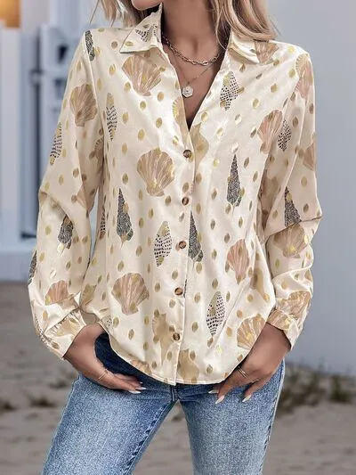 Perfee Printed Collared Neck Long Sleeve Shirt sold by Charming Charlie
