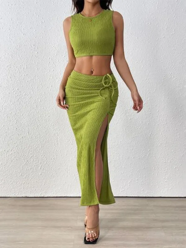 Perfee Texture Cropped Tank and Ruched Skirt Set sold by Charming Charlie