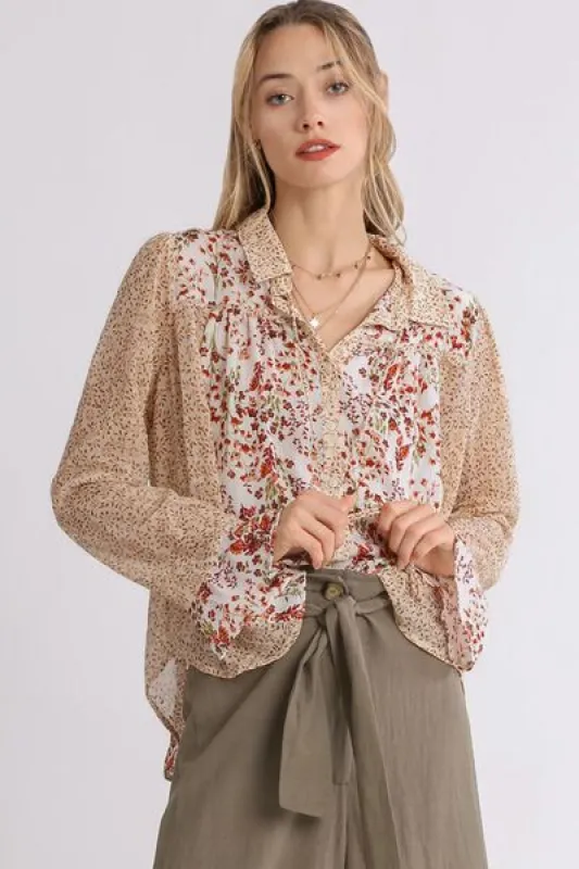 Umgee Full Size Mixed Print Metallic Detail Long Ruffle Sleeve Button Down Shirt Plus Size sold by Charming Charlie