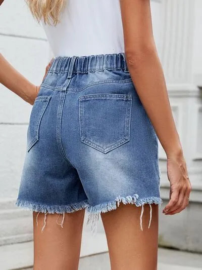 Distressed Raw Hem Asymmetrical Waist Denim Shorts sold by Charming Charlie product image thumbnail 4