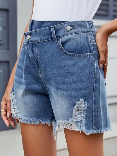 Distressed Raw Hem Asymmetrical Waist Denim Shorts sold by Charming Charlie product image thumbnail 2