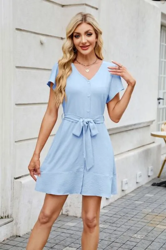 Tied Button Up Short Sleeve Mini Shirt Dress sold by Charming Charlie