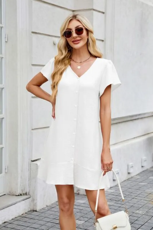 Tied Button Up Short Sleeve Mini Shirt Dress sold by Charming Charlie
