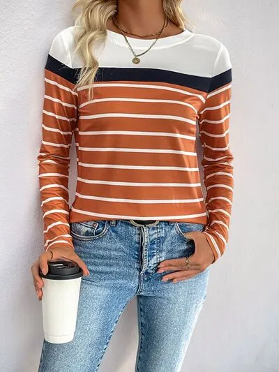 Perfee Contrast Striped Round Neck Long Sleeve T-Shirt sold by Charming Charlie product image thumbnail 4