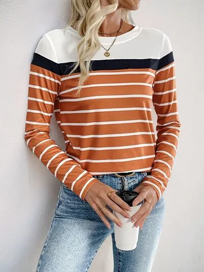 Perfee Contrast Striped Round Neck Long Sleeve T-Shirt sold by Charming Charlie