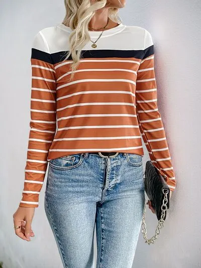Perfee Contrast Striped Round Neck Long Sleeve T-Shirt sold by Charming Charlie product image thumbnail 2