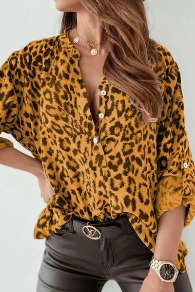 Leopard Button Detail Notched Long Sleeve Blouse sold by Charming Charlie product image thumbnail 4