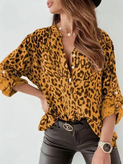 Leopard Button Detail Notched Long Sleeve Blouse sold by Charming Charlie product image thumbnail 5