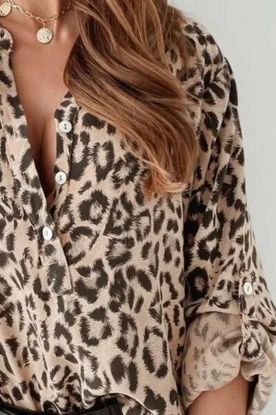 Leopard Button Detail Notched Long Sleeve Blouse sold by Charming Charlie product image thumbnail 3