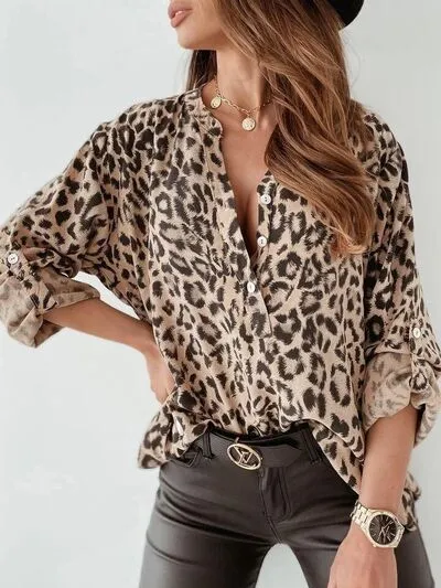 Leopard Button Detail Notched Long Sleeve Blouse sold by Charming Charlie product image thumbnail 2