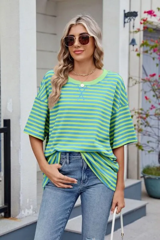 Contrast Striped Round Neck Half Sleeve T-Shirt sold by Charming Charlie