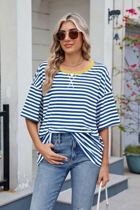 Contrast Striped Round Neck Half Sleeve T-Shirt sold by Charming Charlie
