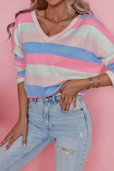 Contrast Striped V Neck Long Sleeve Top sold by Charming Charlie
