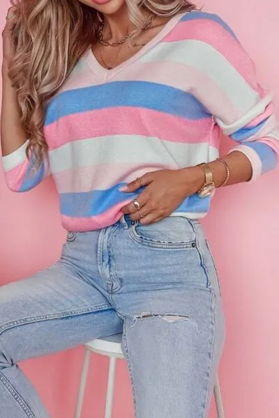 Contrast Striped V Neck Long Sleeve Top sold by Charming Charlie product image thumbnail 3