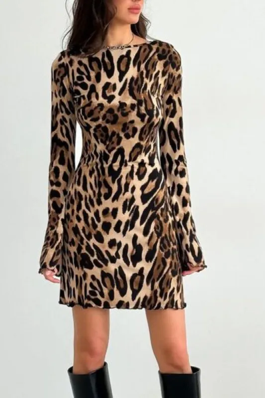 Leopard Backless Long Sleeve Mini Dress sold by Charming Charlie