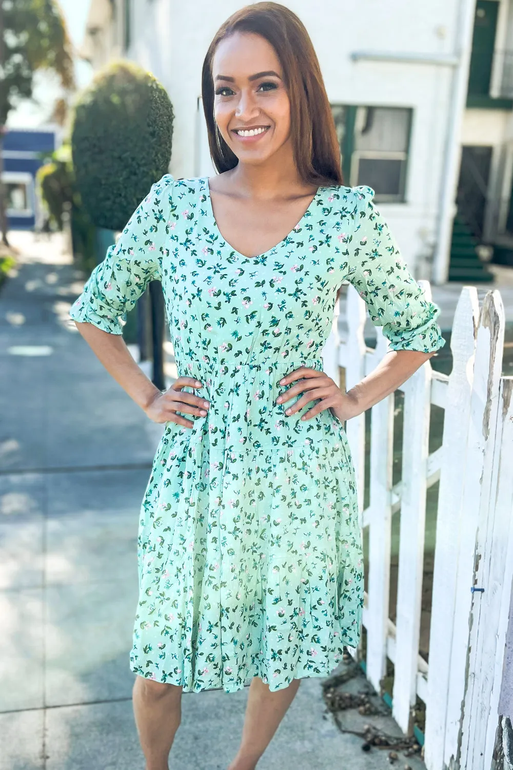 Feeling Femme Sage Ditzy Floral V Neck Tiered Lined Dress sold by Charming Charlie product image thumbnail 5