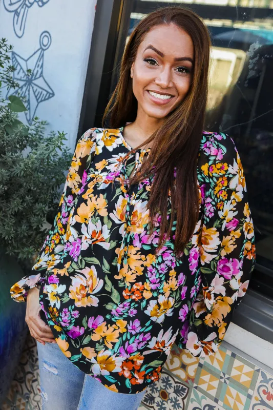 Boho Vibes Notch Tie Neck Floral Print Long Sleeve Blouse sold by Charming Charlie
