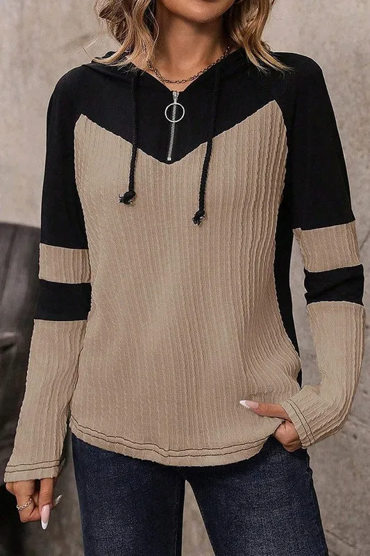 Colorblock Long Sleeve Zip Drawstring Hooded Top sold by Charming Charlie