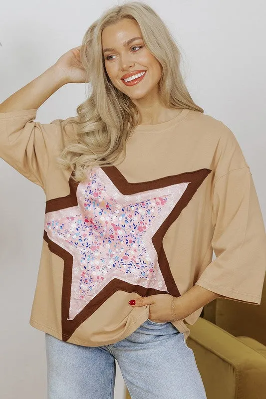 Camel Floral Star Patchwork 3/4 Long Sleeve Top sold by Charming Charlie