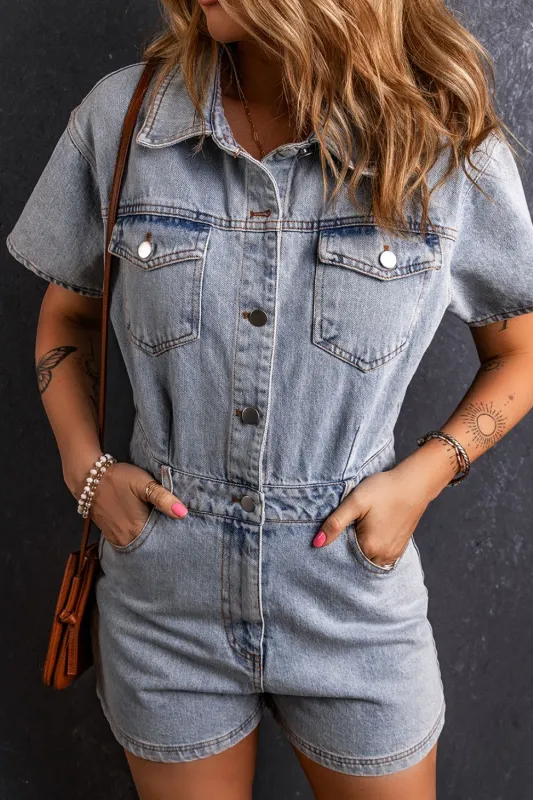 Washed Button Down Pocketed Denim Romper sold by Charming Charlie