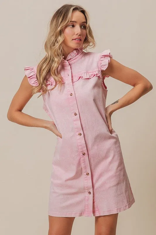 BiBi Washed Button Down Ruffled Cap Sleeve Denim Dress sold by Charming Charlie