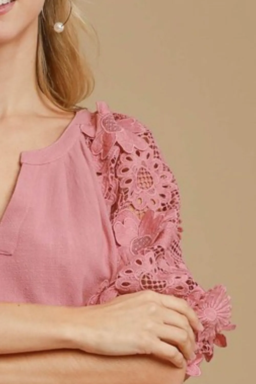 Umgee Full Size French Terry Boxy Cut Top with 3D Floral Sleeve Plus Size sold by Charming Charlie product image thumbnail 3