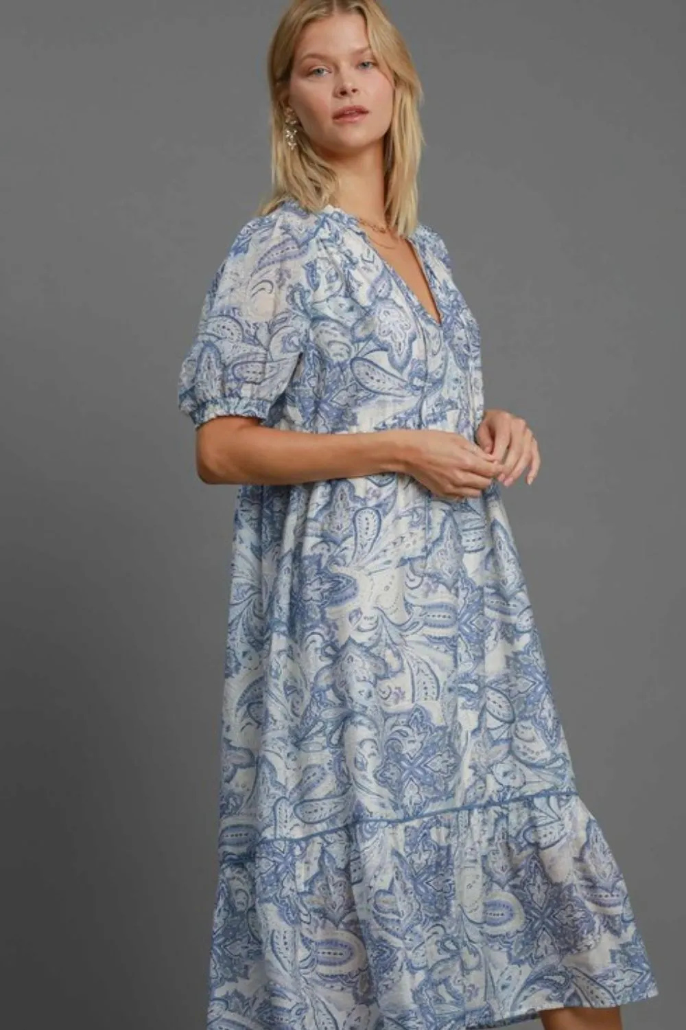 Umgee Full Size Printed Puff Short Sleeve Midi Dress Plus Size sold by Charming Charlie product image thumbnail 2