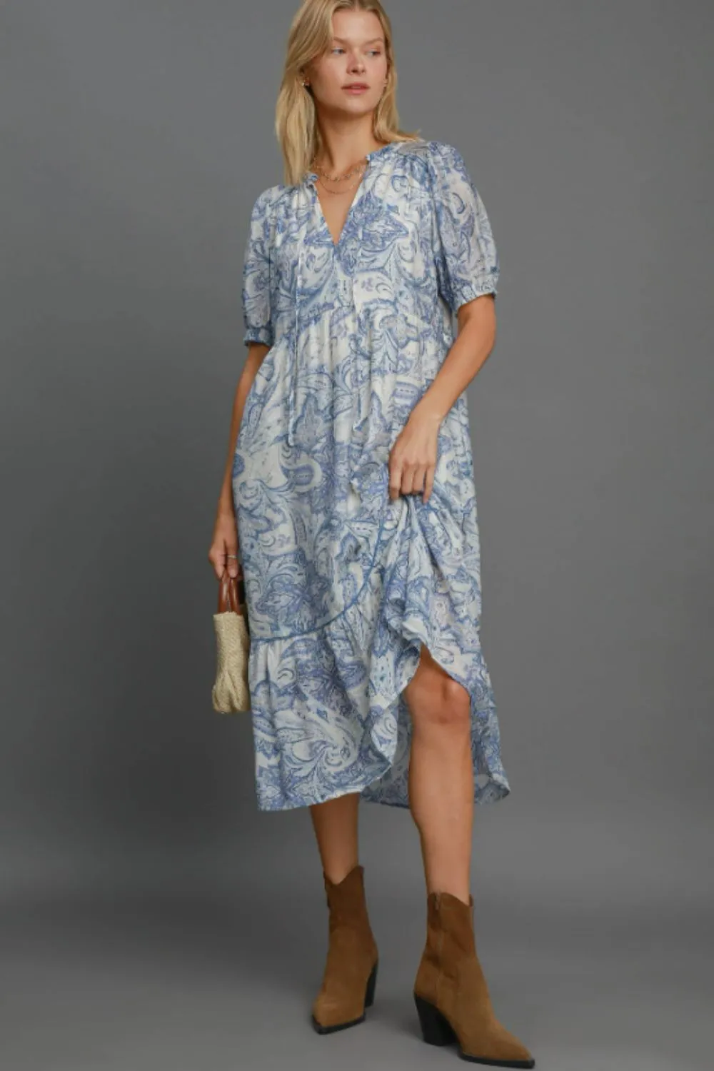 Umgee Full Size Printed Puff Short Sleeve Midi Dress Plus Size sold by Charming Charlie