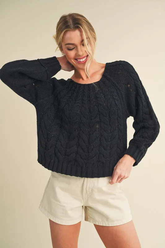 Aemi + Co Cable-Knit Openwork Round Neck Sweater sold by Charming Charlie