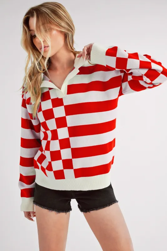 Aemi + Co Striped & Checkered Drop Shoulder Sweater sold by Charming Charlie
