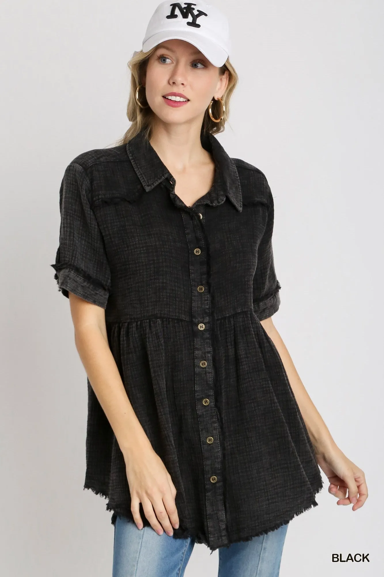 Umgee Full Size Cotton Gauze Button Front Shirt Plus Size sold by Charming Charlie