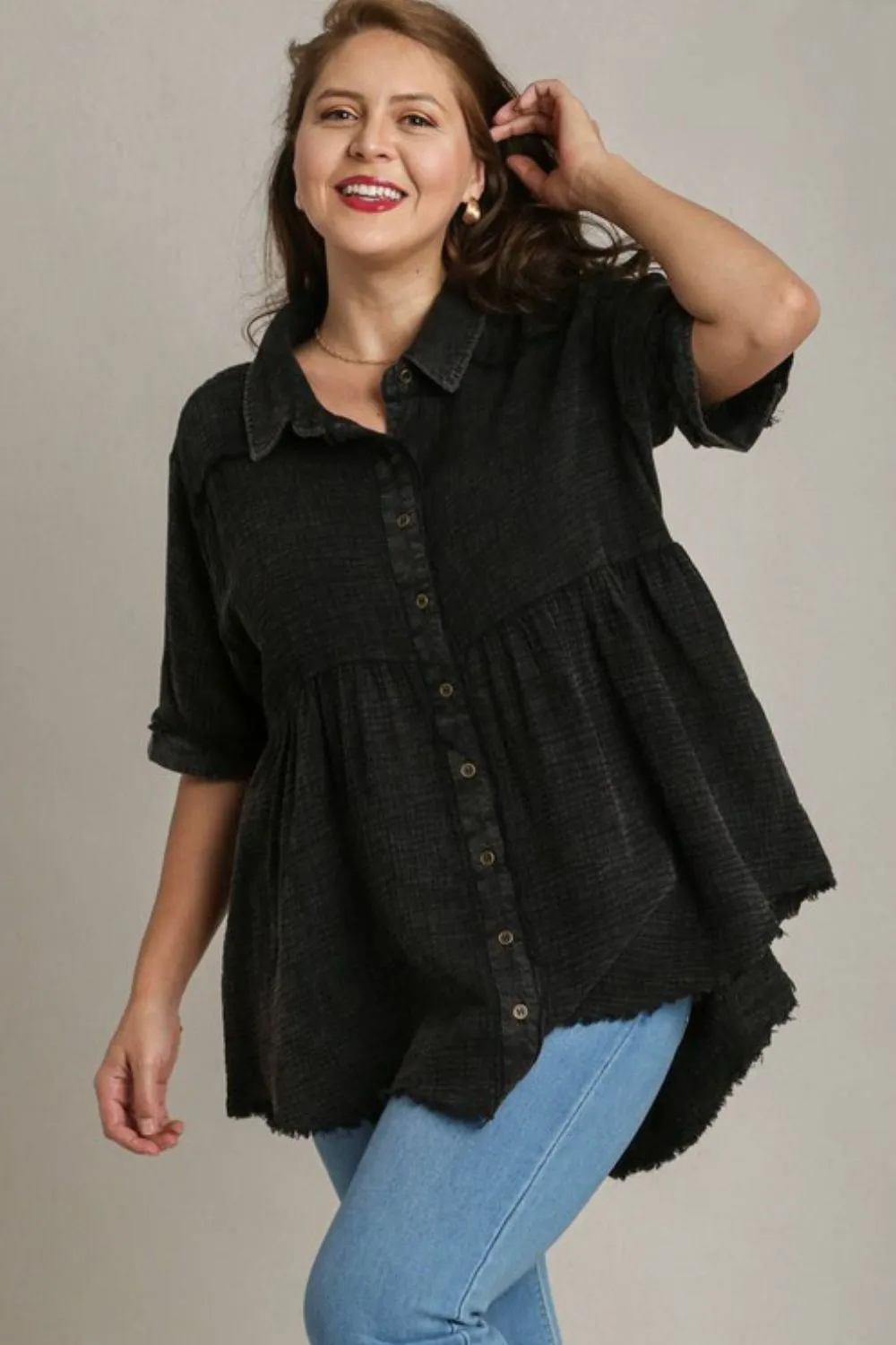 Umgee Full Size Cotton Gauze Button Front Shirt Plus Size sold by Charming Charlie product image thumbnail 2