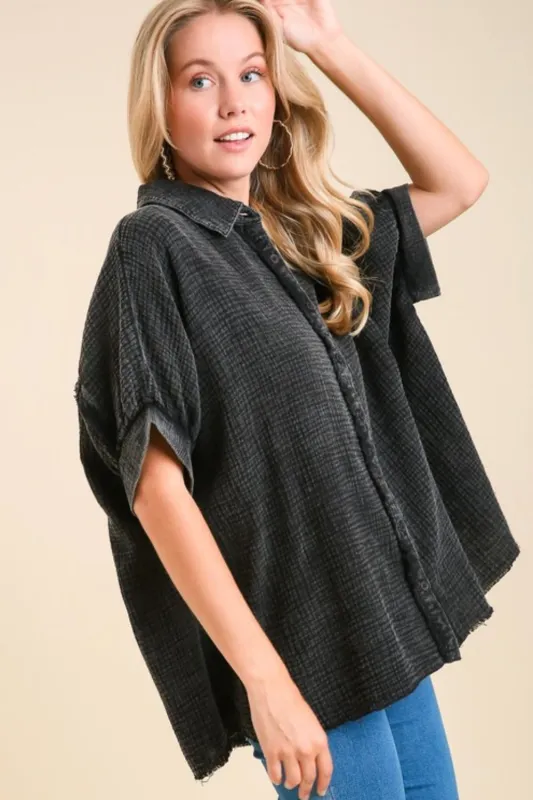 Umgee Full Size Cotton Gauze Mineral Wash Button Down Shirt Plus Size sold by Charming Charlie