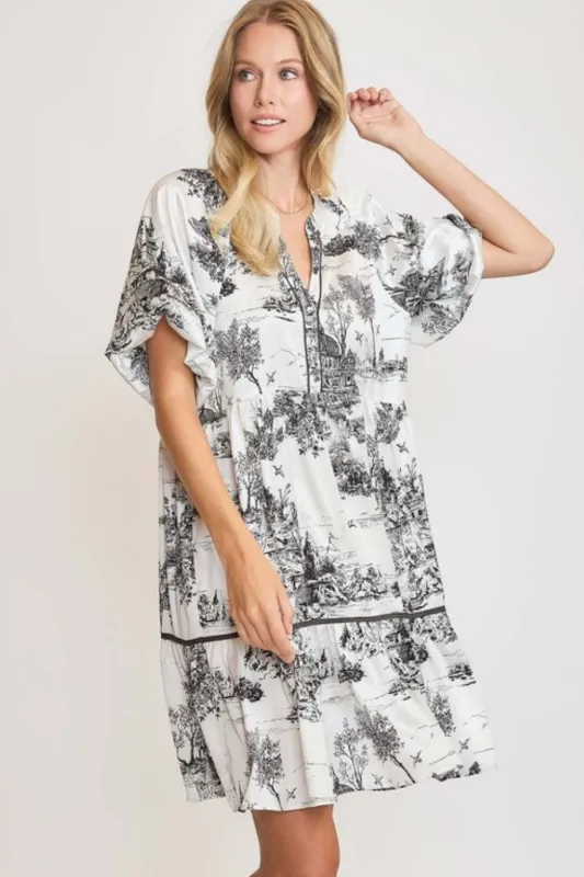 Umgee Full Size Two Tone Landscape Print Dress Plus Size sold by Charming Charlie