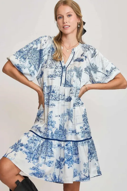 Umgee Full Size Two Tone Landscape Print Dress Plus Size sold by Charming Charlie