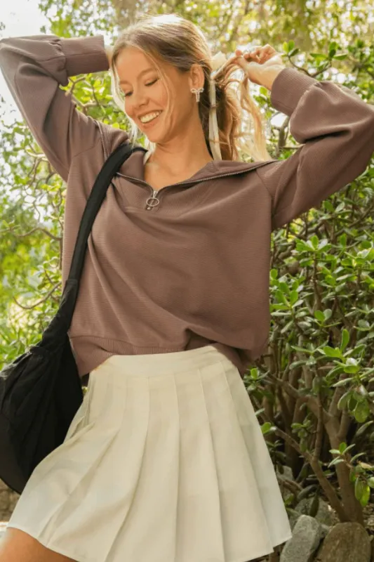 Umgee Full Size Ribbed Knit Half Zipper Sweatshirt Plus Size sold by Charming Charlie