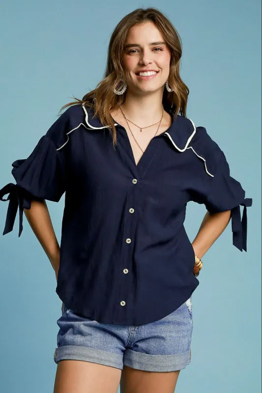 Umgee Full Size Embroidered Detail Button Down Shirt Plus Size sold by Charming Charlie