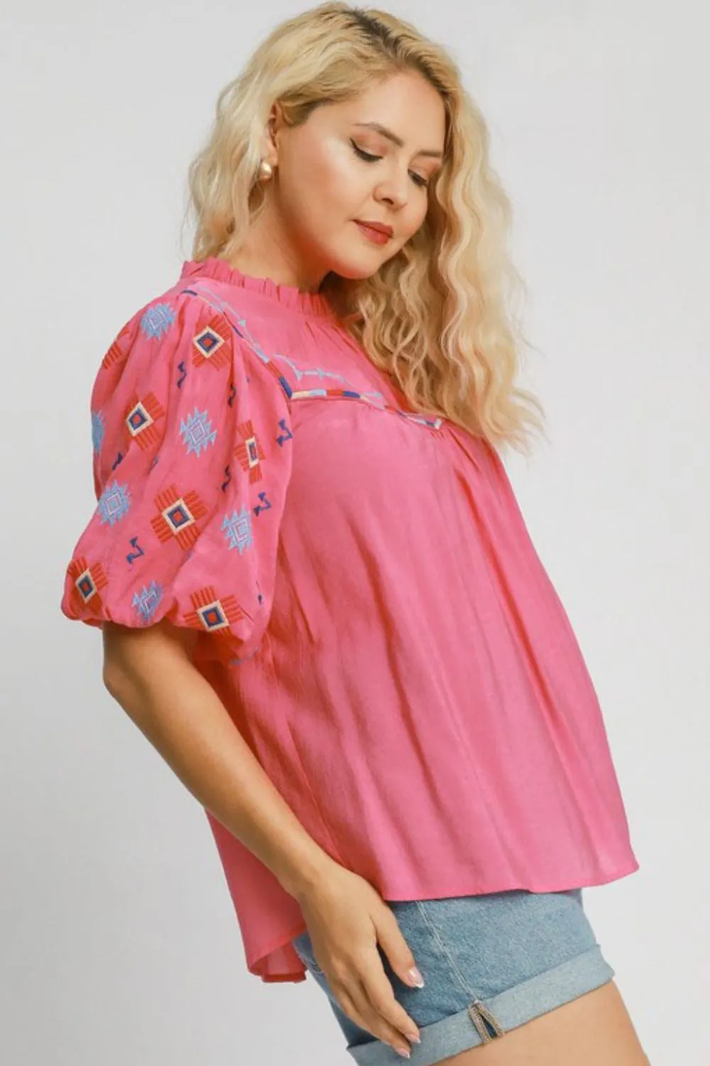 Umgee Full Size Embroidered Puff Sleeve Mock Neck Top Plus Size sold by Charming Charlie product image thumbnail 2