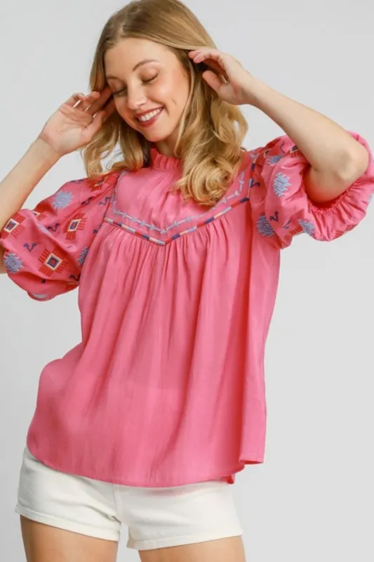 Umgee Full Size Embroidered Puff Sleeve Mock Neck Top Plus Size sold by Charming Charlie