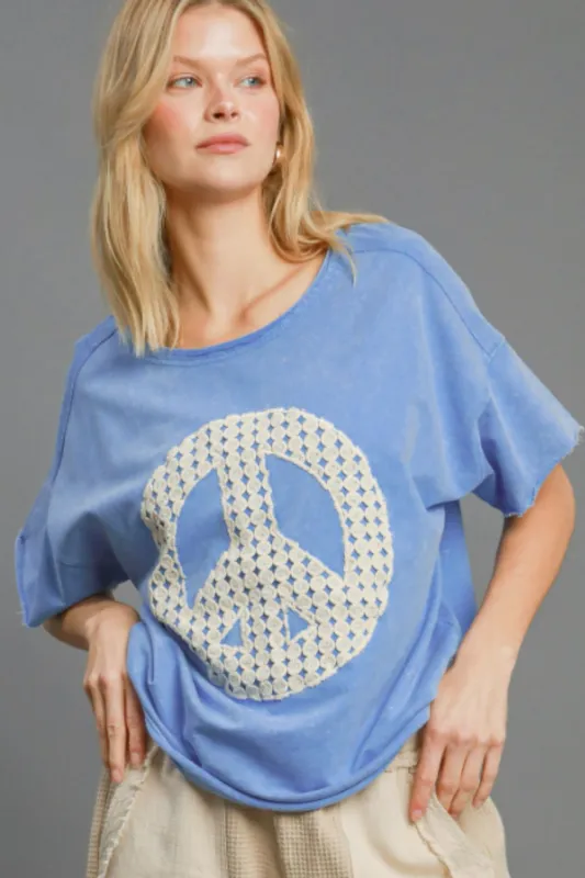 Umgee Full Size Mineral Wash T-Shirt with Lace Applique Plus Size sold by Charming Charlie