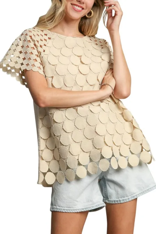 Umgee Full Size Mixed Polka Dot Lace Raglan Sleeve Boxy Cut Top Plus Size sold by Charming Charlie