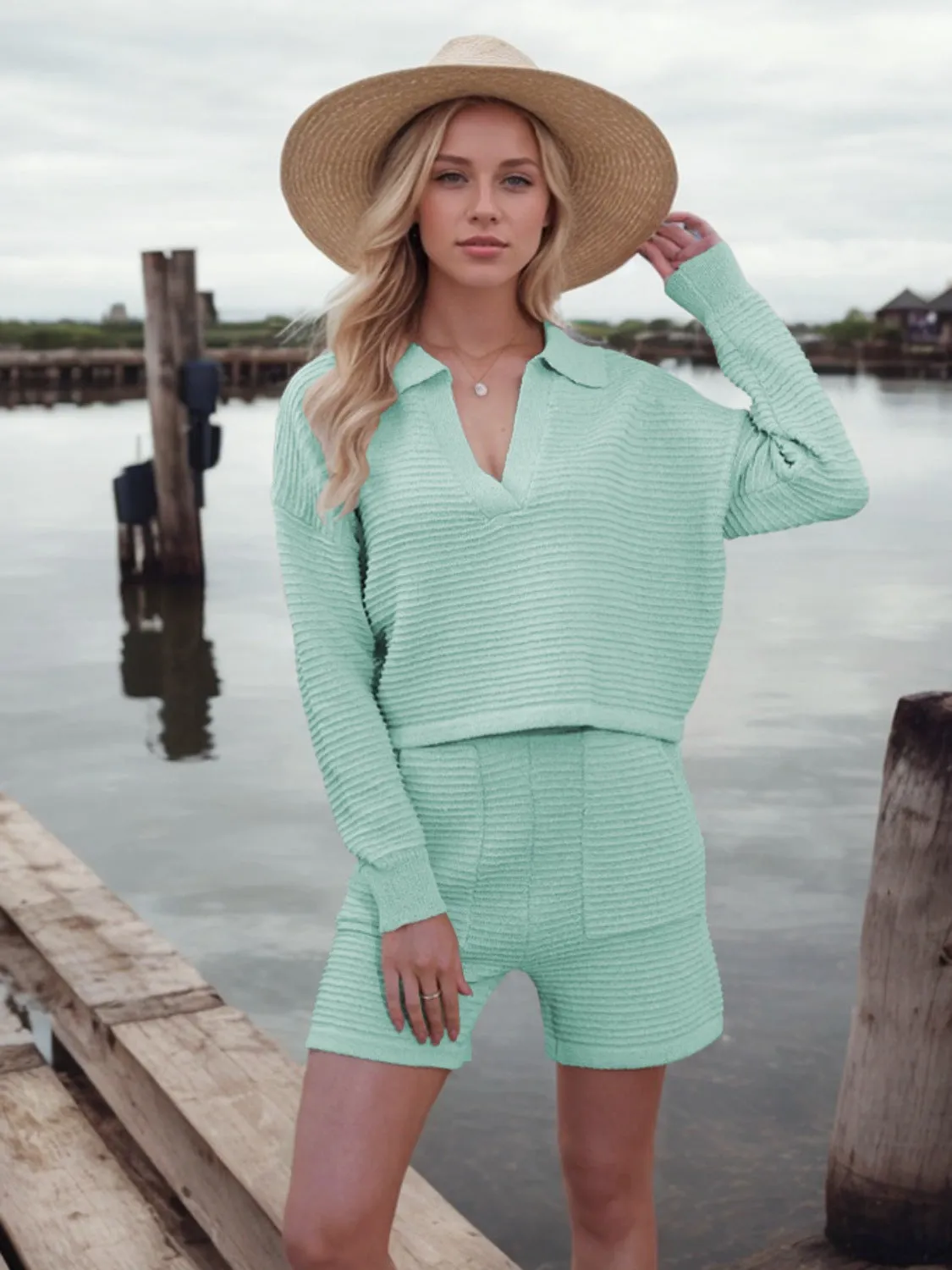 Johnny Collar Long Sleeve Top and Shorts Sweater Set sold by Charming Charlie product image thumbnail 5