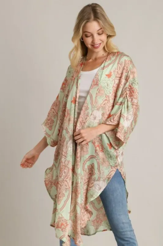 Umgee Full Size Mixed Print Open Front Kimono with Ruffle Sleeves Plus Size sold by Charming Charlie