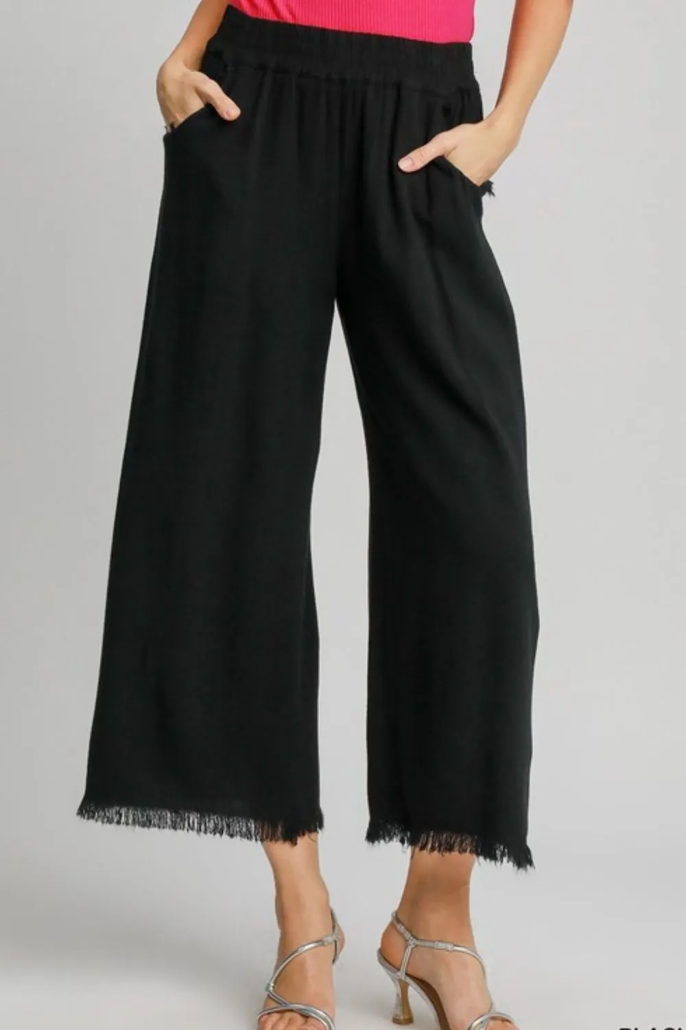 Umgee Full Size Linen Blend Elastic Waistband Wide Leg Pants Plus Size sold by Charming Charlie