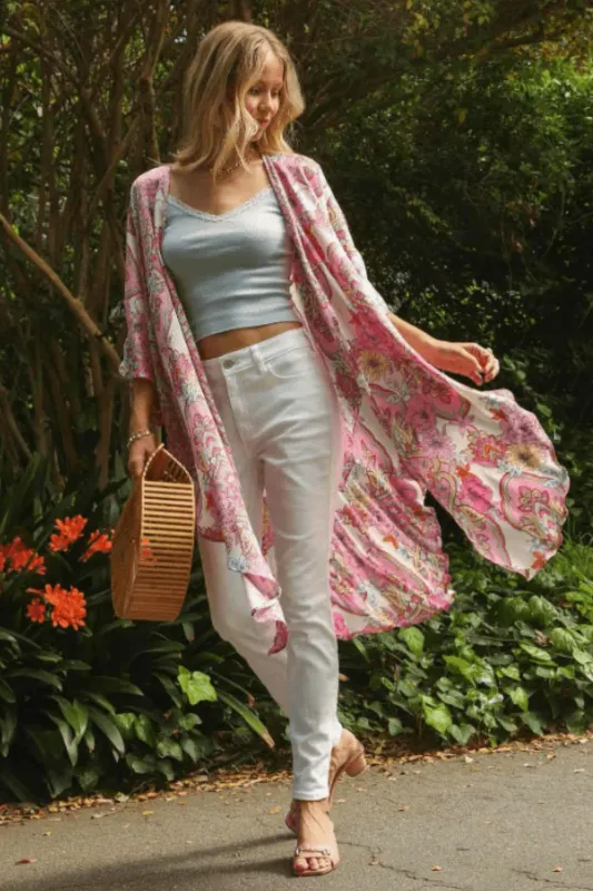 Umgee Full Size Mixed Print Open Front Kimono with Ruffle Sleeves Plus Size sold by Charming Charlie