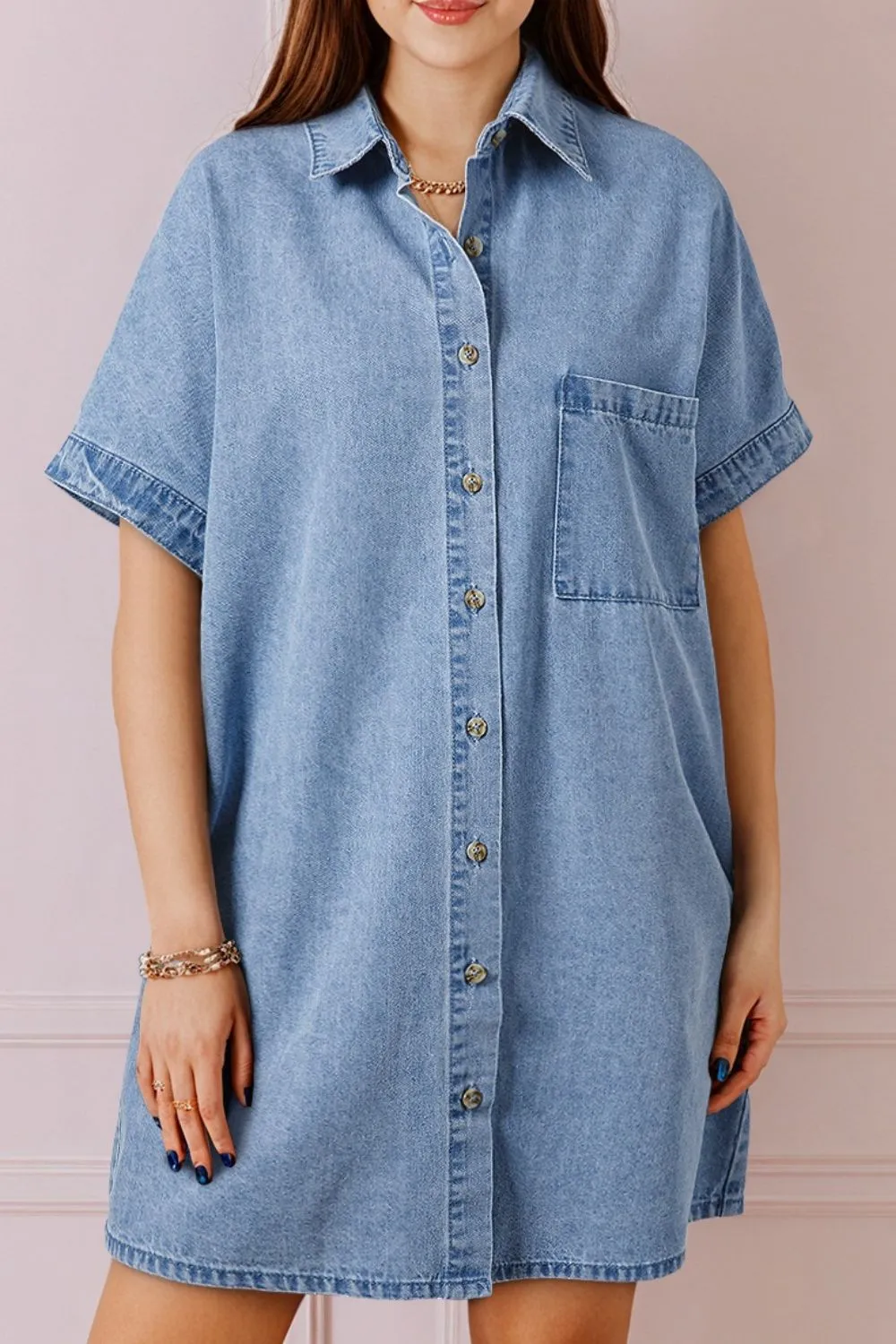 Button Down Short Sleeve Denim Dress sold by Charming Charlie product image thumbnail 2
