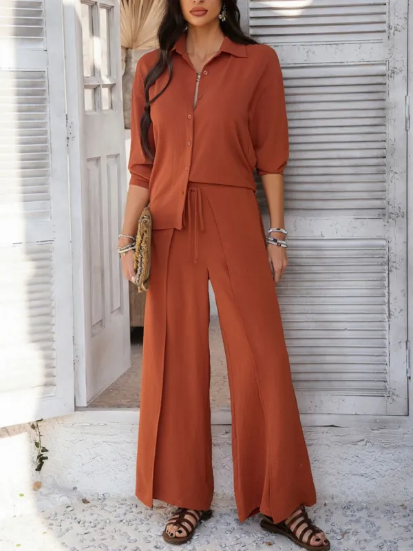 Devine Button Down Long Sleeve Top and Wide Leg Pants Set sold by Charming Charlie