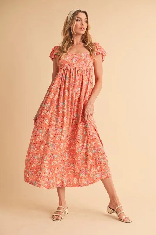 Aemi + Co Cutout Back Floral Square Neck Puff Sleeve Midi Dress sold by Charming Charlie